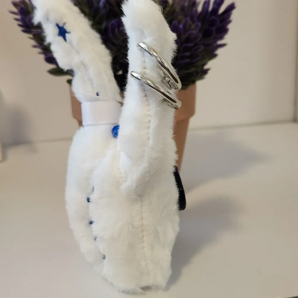 White Faux Fur Stitched Bunny Plush Bag Charm Blue Embroidery Pierced Ears 5